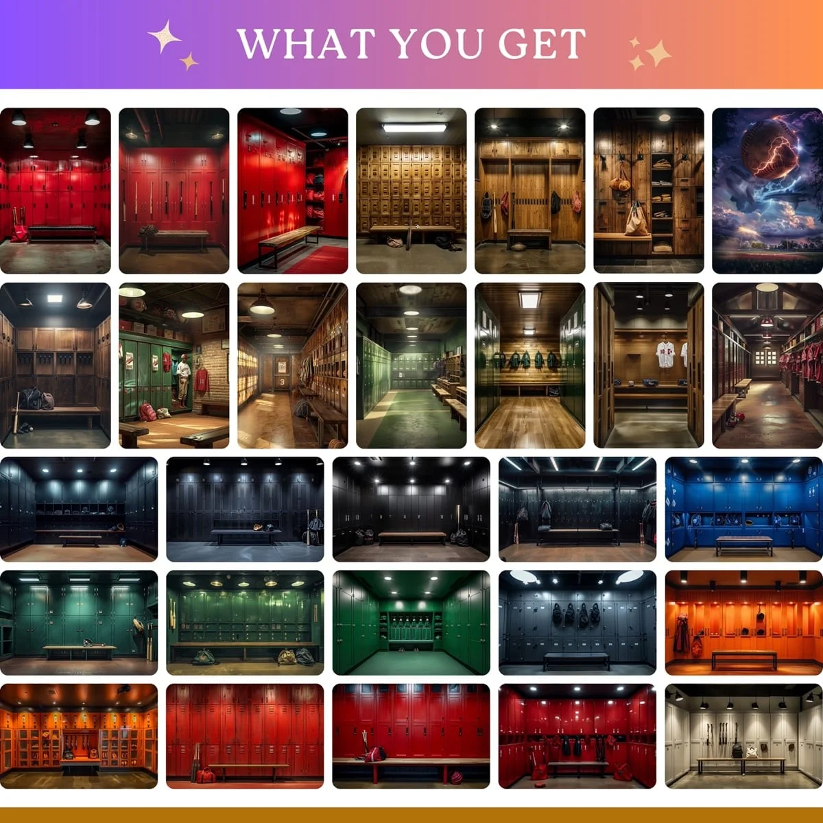 Baseball Backgrounds - Locker Room - full collection grid showing portrait and landscape orientations