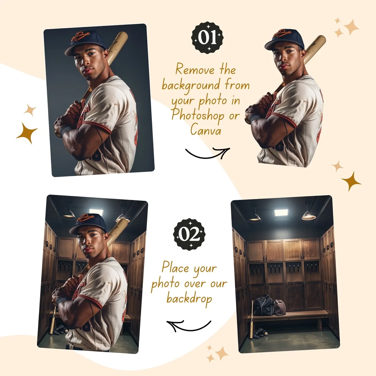 Baseball Backgrounds - Locker Room - before and after photo composite example