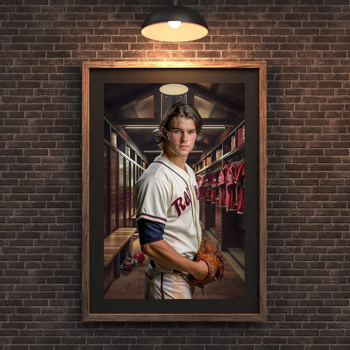 Baseball Backgrounds - Locker Room - wall mockup showing backdrop displayed in a real room setting