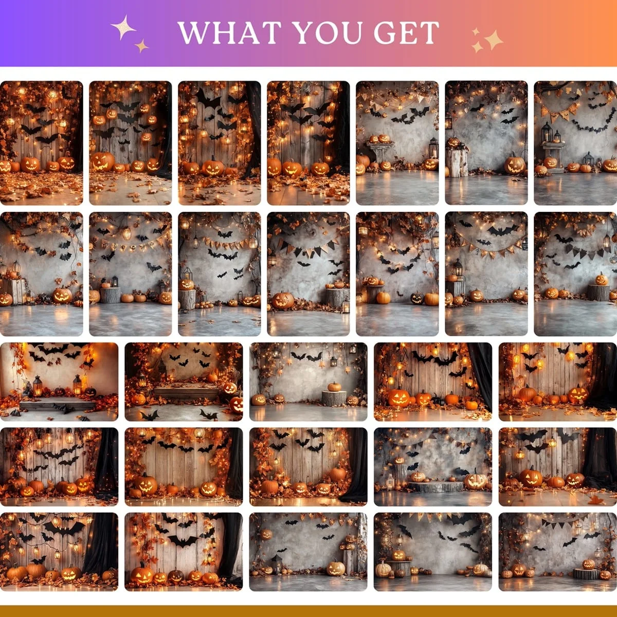 Halloween Backgrounds - Pumpkins - full collection grid showing portrait and landscape orientations