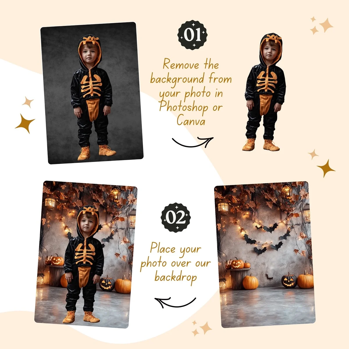 Halloween Backgrounds - Pumpkins - before and after photo composite example