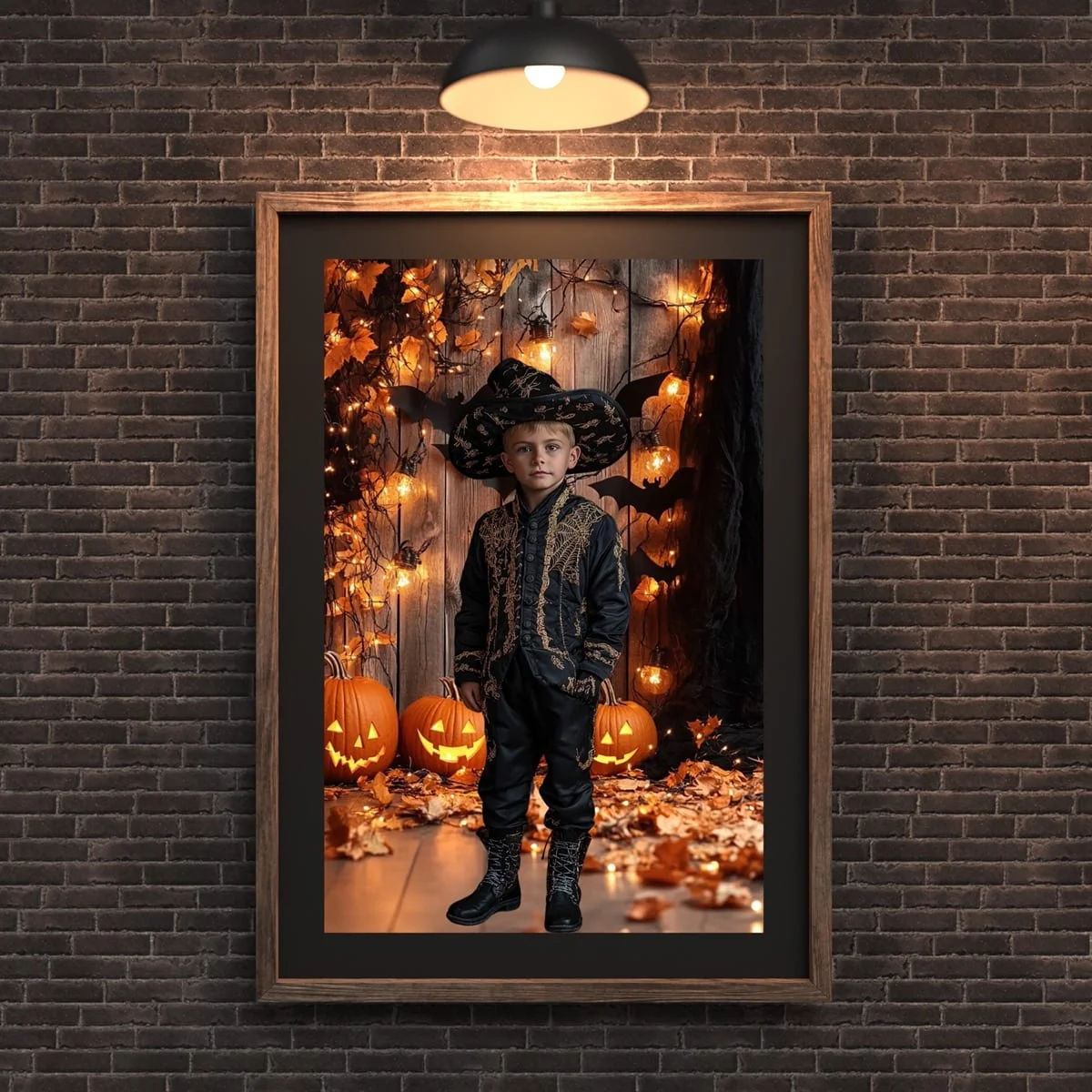 Halloween Backgrounds - Pumpkins - wall mockup showing backdrop displayed in a real room setting