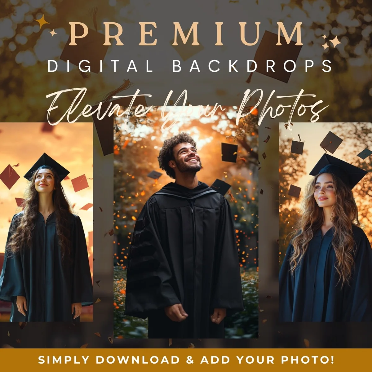 Graduation Backgrounds - Sunset Cap Toss - premium digital backdrop collection preview