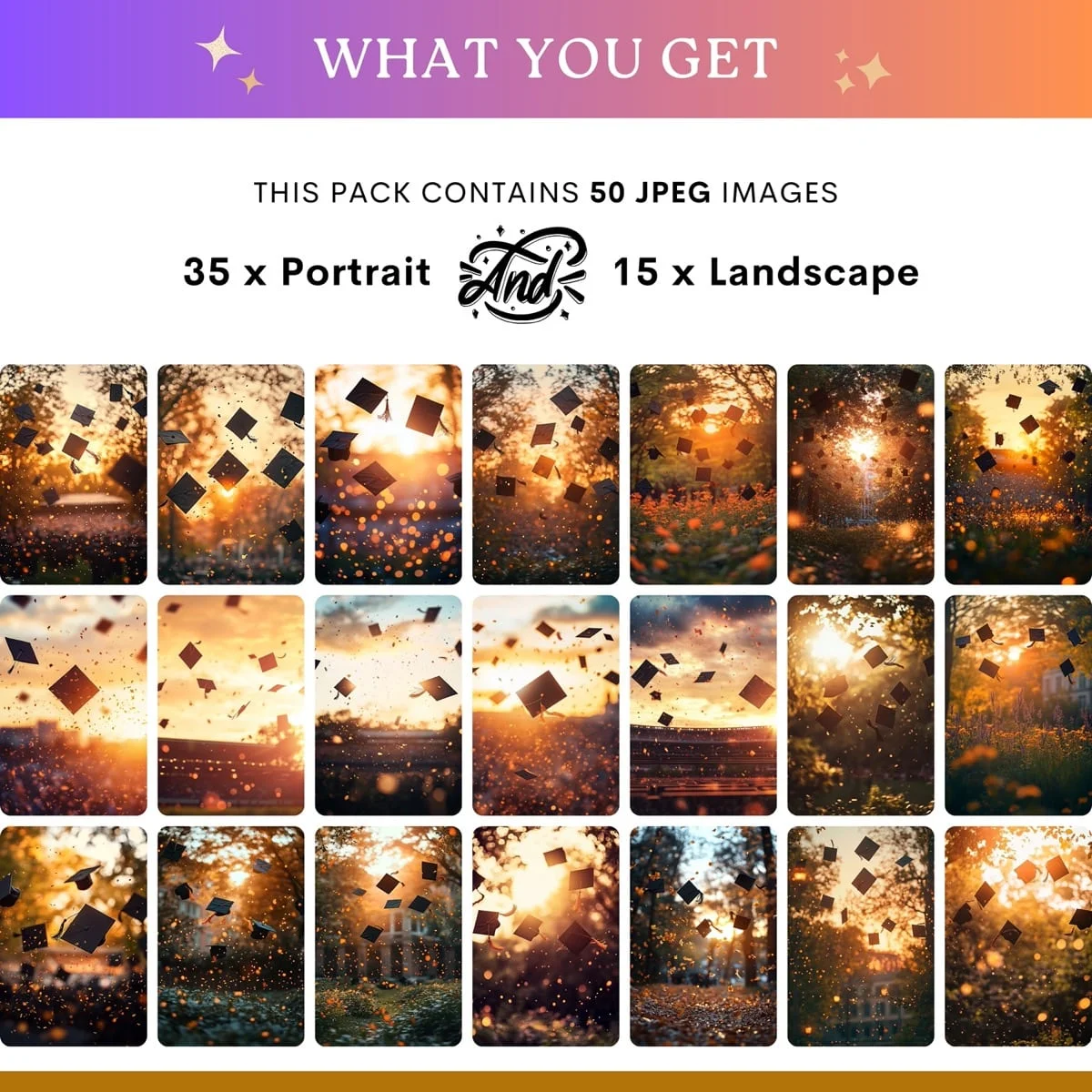 Graduation Backgrounds - Sunset Cap Toss - what's included: 50 high-resolution backgrounds