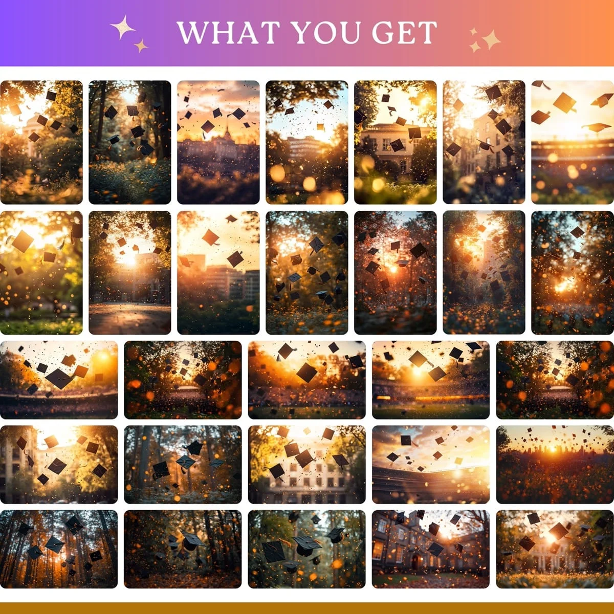 Graduation Backgrounds - Sunset Cap Toss - full collection grid showing portrait and landscape orientations