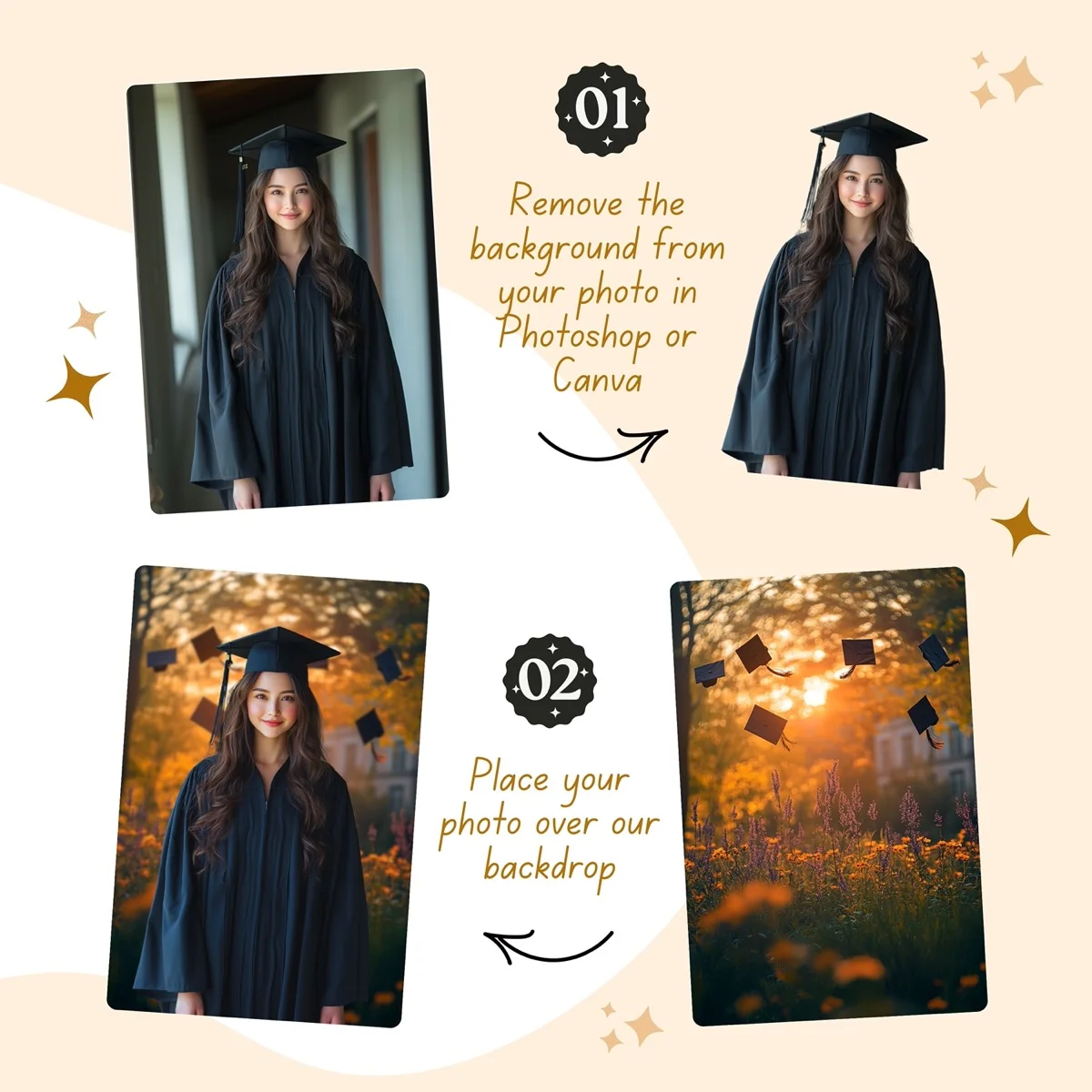 Graduation Backgrounds - Sunset Cap Toss - before and after photo composite example