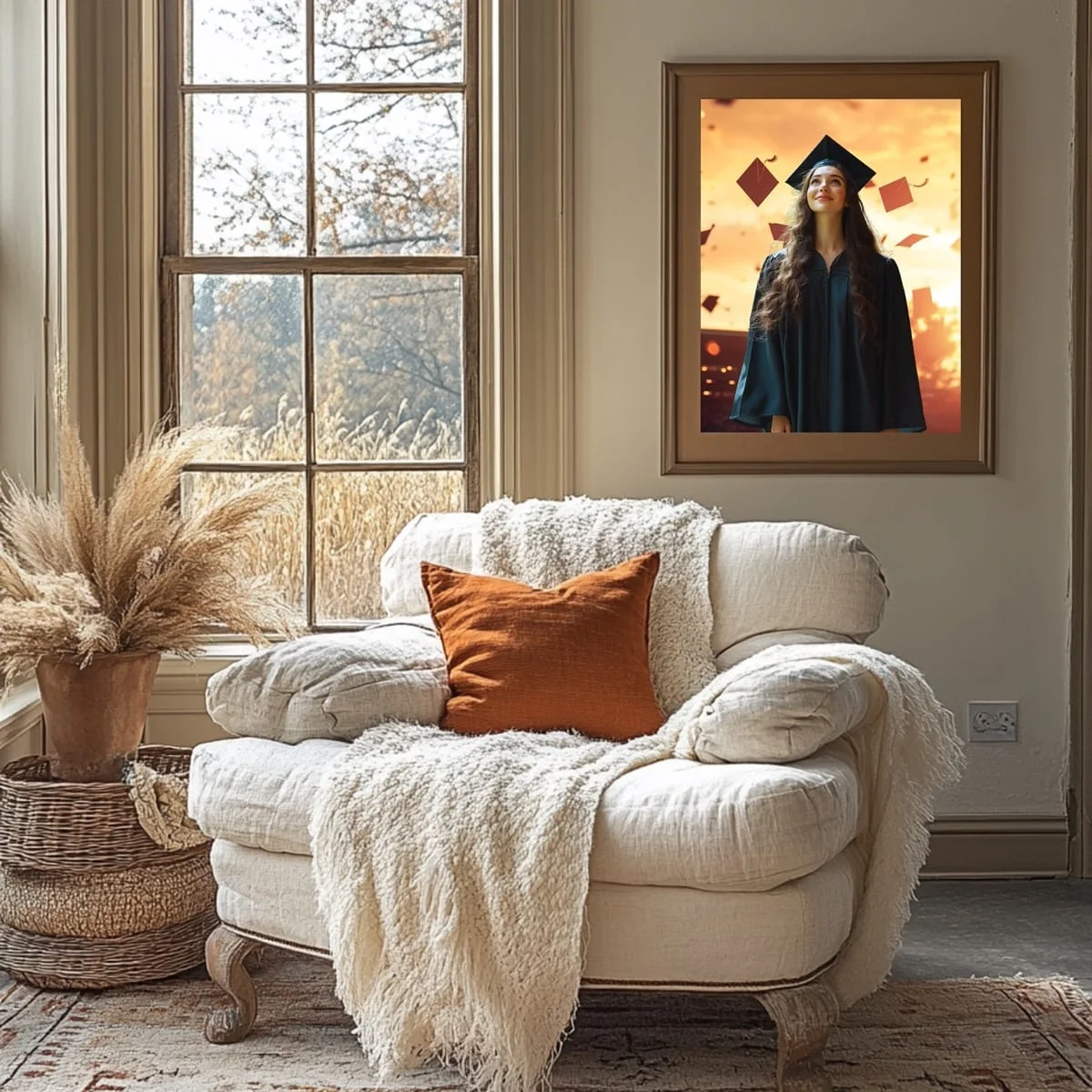 Graduation Backgrounds - Sunset Cap Toss - wall mockup showing backdrop displayed in a real room setting