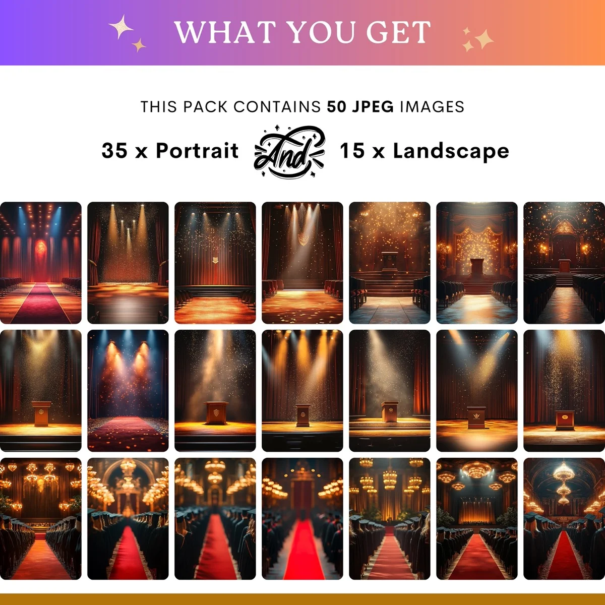 Graduation Backgrounds - Majestic Stage Walk - what's included: 50 high-resolution backgrounds