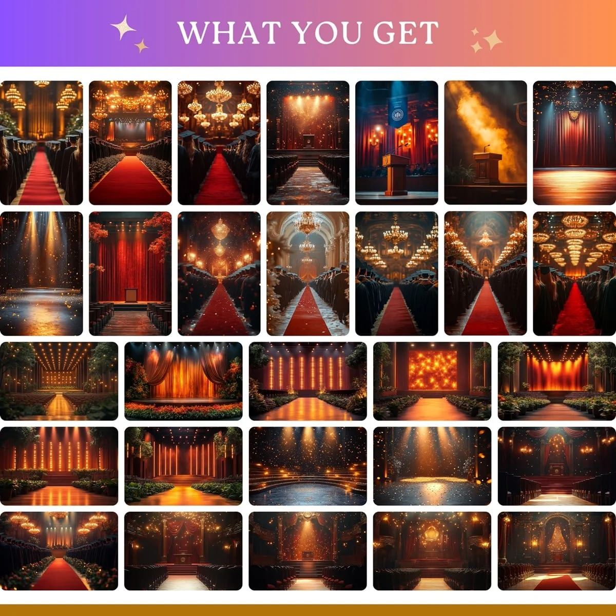 Graduation Backgrounds - Majestic Stage Walk - full collection grid showing portrait and landscape orientations