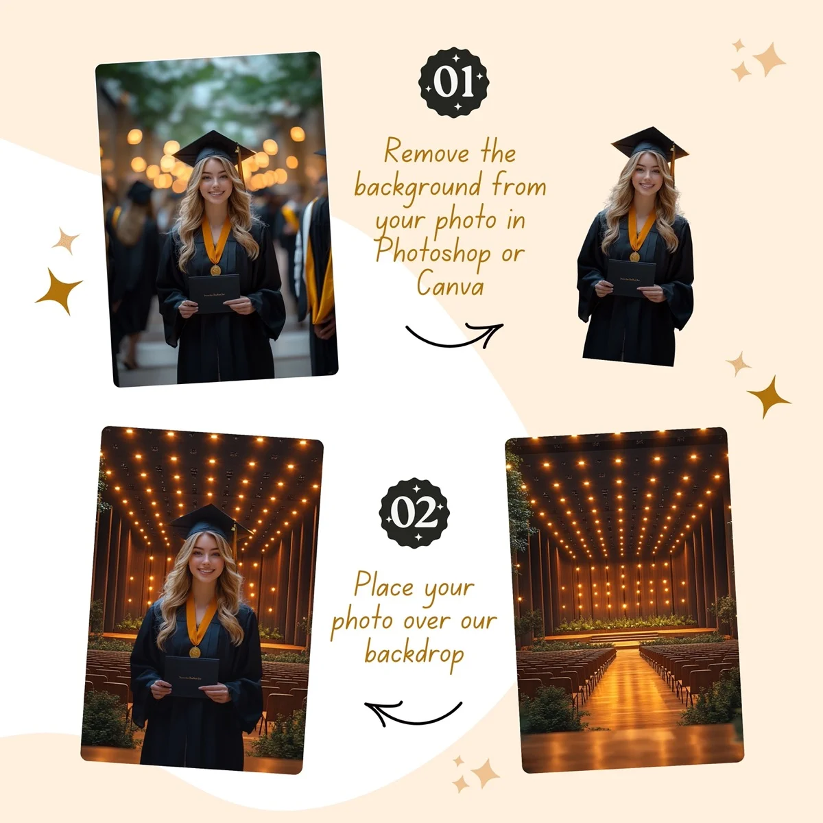 Graduation Backgrounds - Majestic Stage Walk - before and after photo composite example
