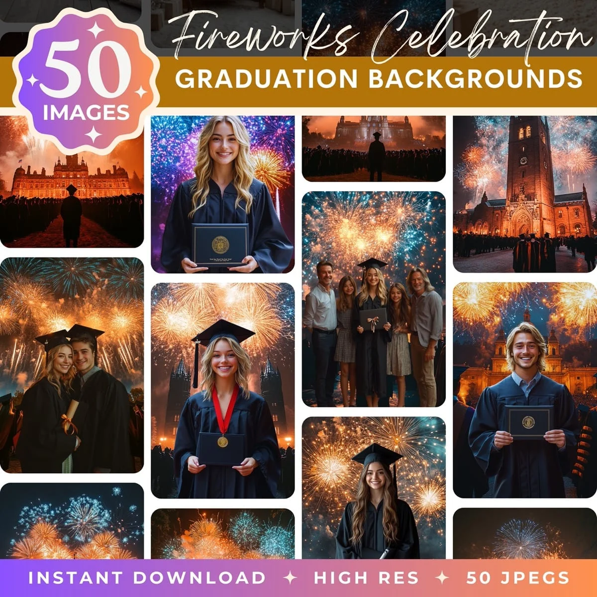 Graduation Backgrounds - Fireworks Celebration - pack overview with sample graduation backgrounds