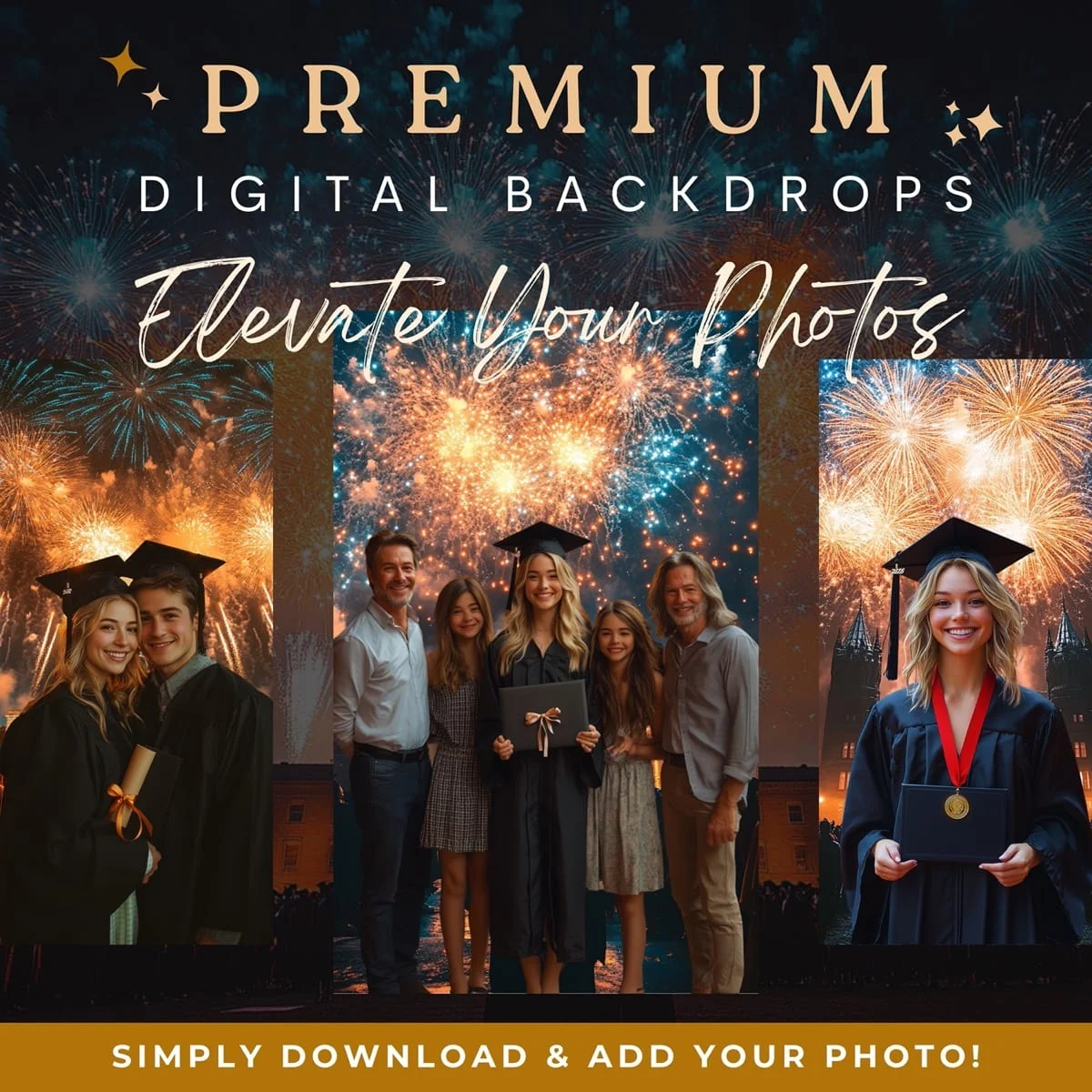 Graduation Backgrounds - Fireworks Celebration - premium digital backdrop collection preview