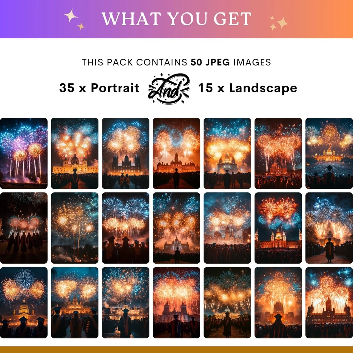 Graduation Backgrounds - Fireworks Celebration - what's included: 50 high-resolution backgrounds