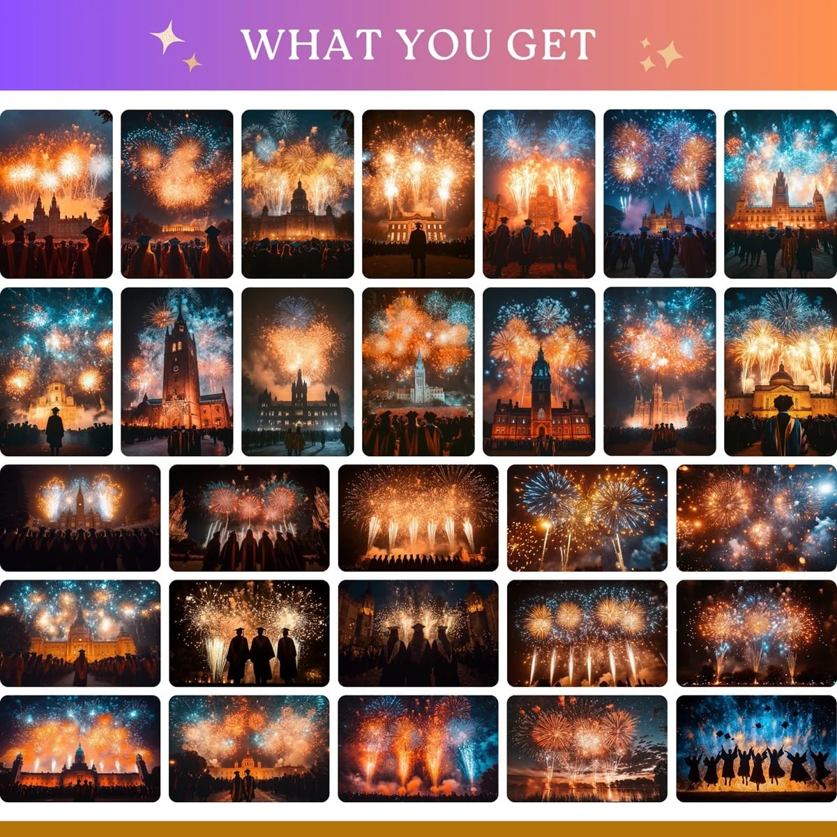 Graduation Backgrounds - Fireworks Celebration - full collection grid showing portrait and landscape orientations