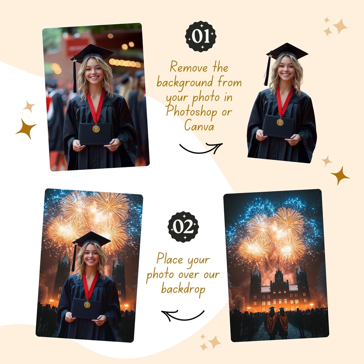 Graduation Backgrounds - Fireworks Celebration - before and after photo composite example