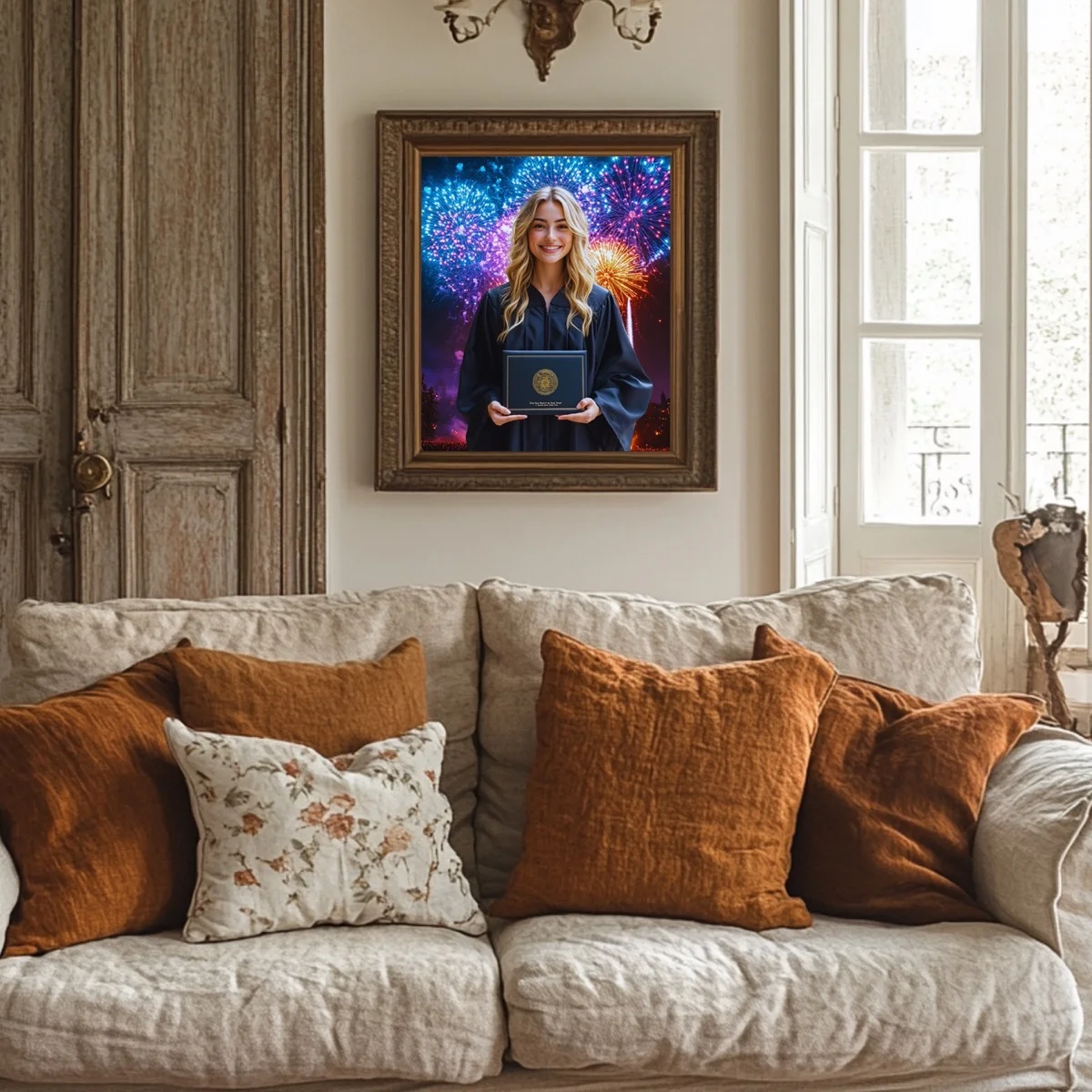 Graduation Backgrounds - Fireworks Celebration - wall mockup showing backdrop displayed in a real room setting