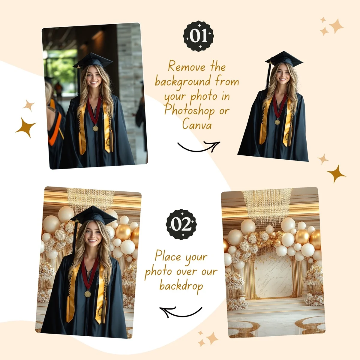 Graduation Backgrounds - Celebration Sets - before and after photo composite example
