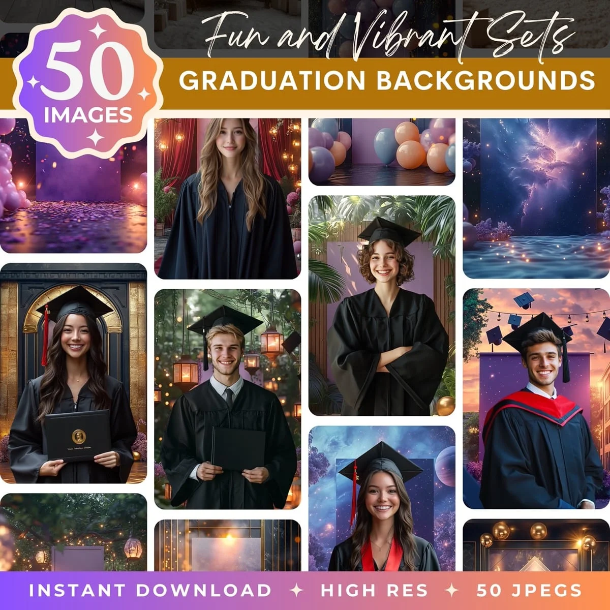 Graduation Backgrounds - Fun & Vibrant Sets - pack overview with sample graduation backgrounds