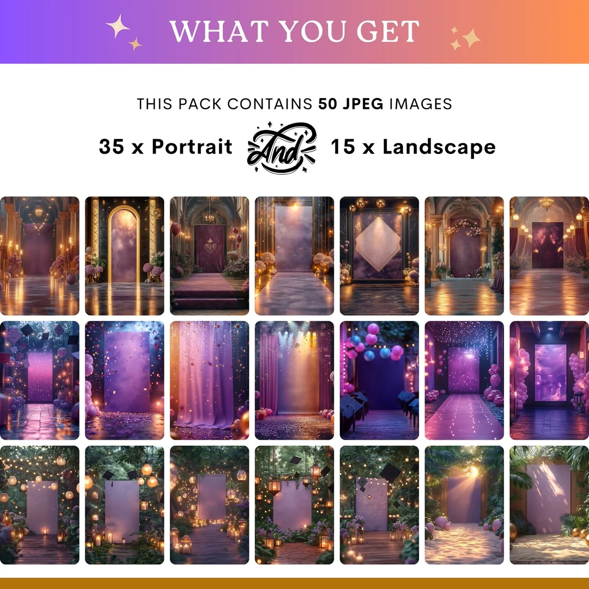 Graduation Backgrounds - Fun & Vibrant Sets - what's included: 50 high-resolution backgrounds