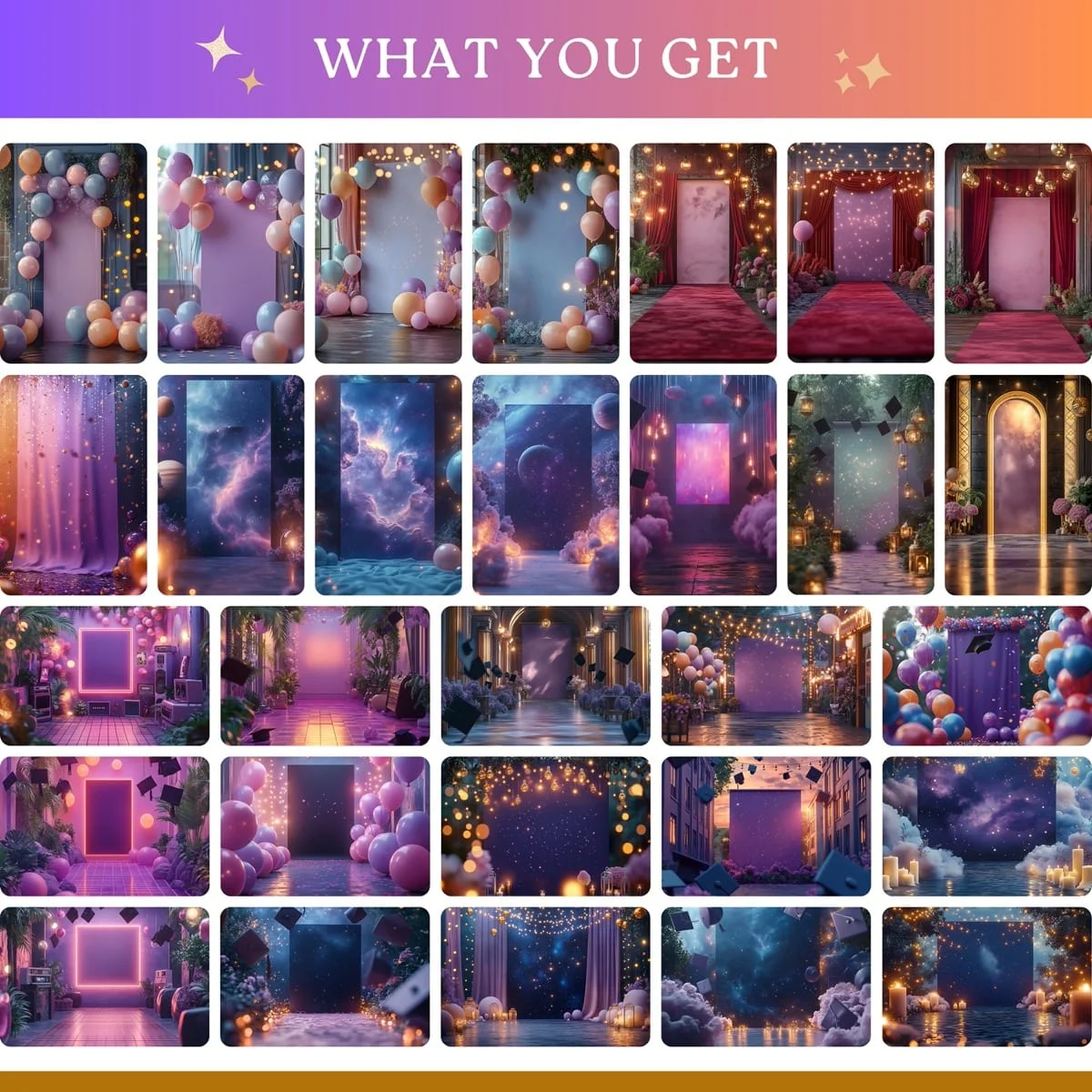 Graduation Backgrounds - Fun & Vibrant Sets - full collection grid showing portrait and landscape orientations