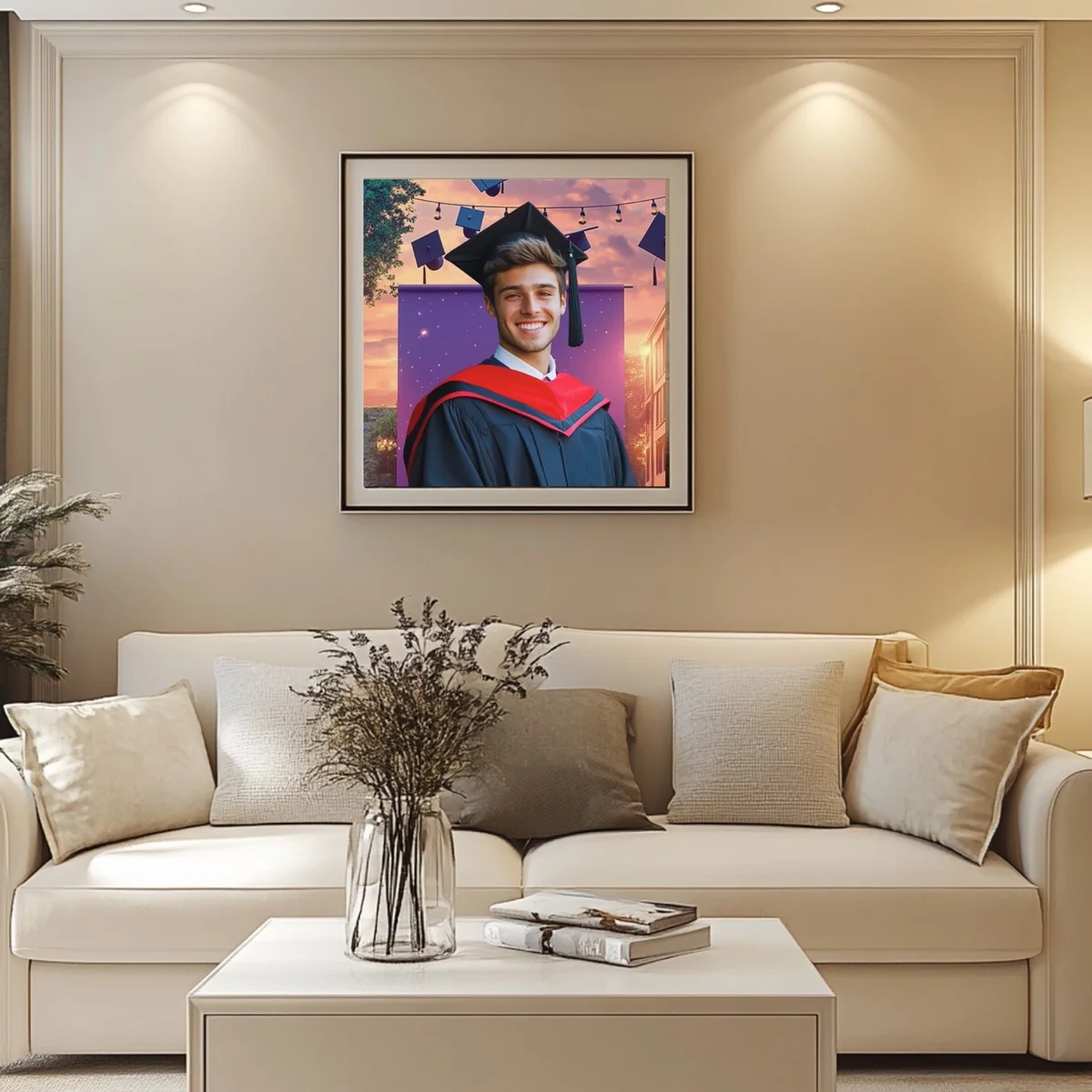 Graduation Backgrounds - Fun & Vibrant Sets - wall mockup showing backdrop displayed in a real room setting