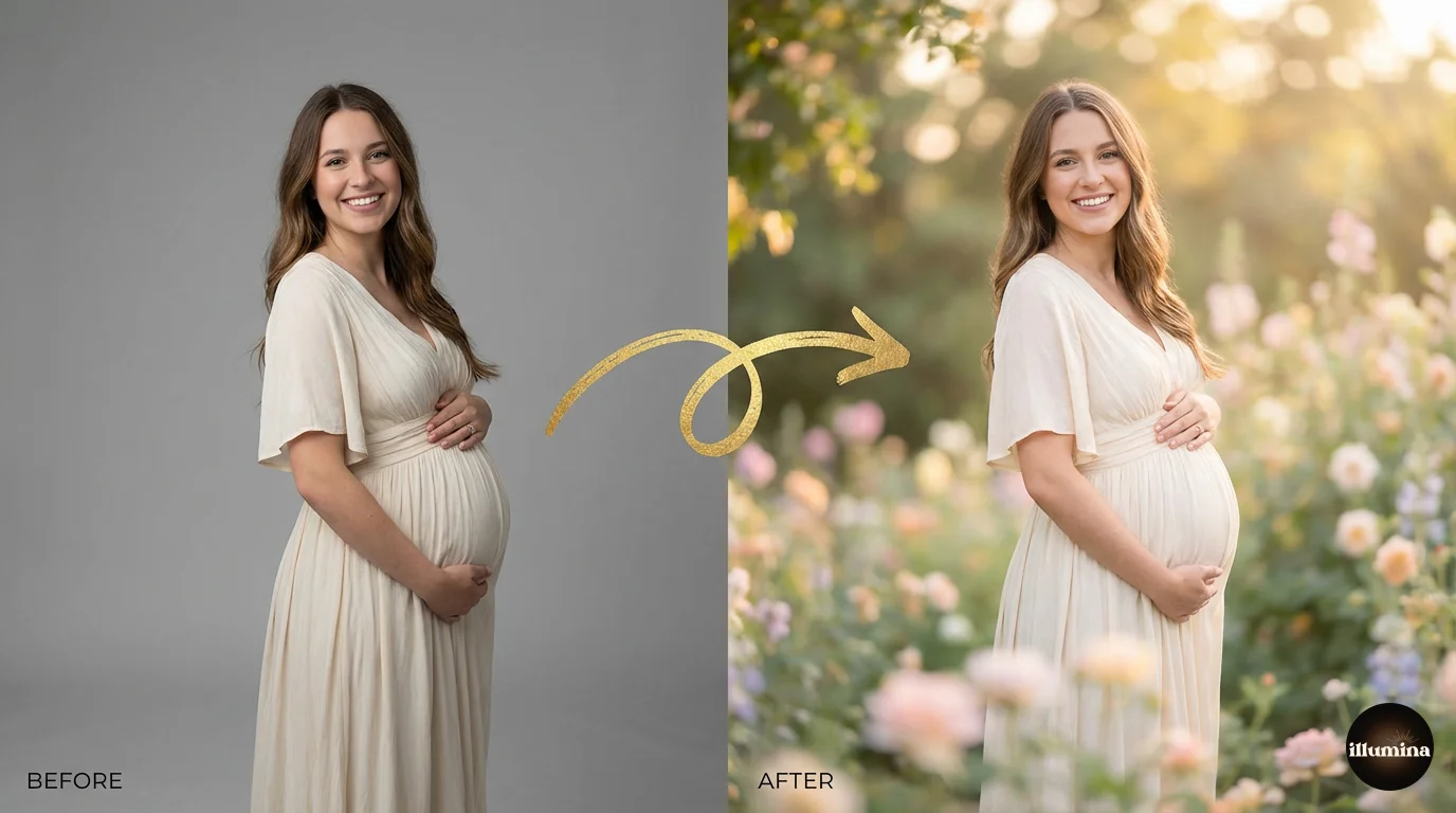 How to add a background to a photo: before and after showing transformation from plain studio to dreamy floral backdrop