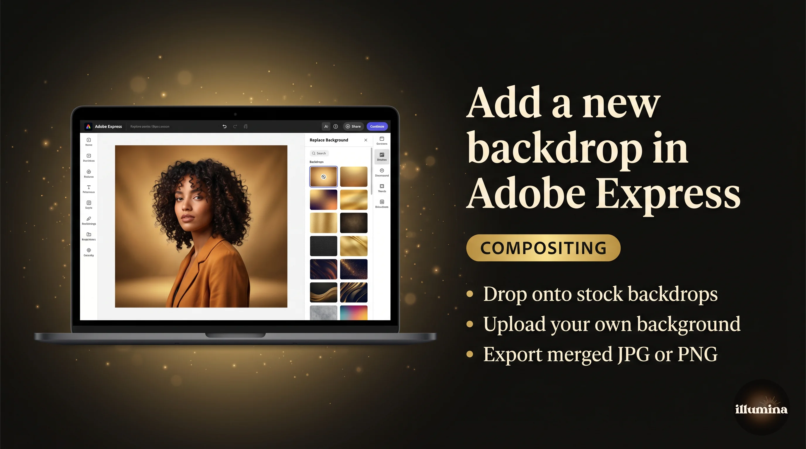 Portrait subject composited onto a dramatic studio backdrop inside Adobe Express after background removal