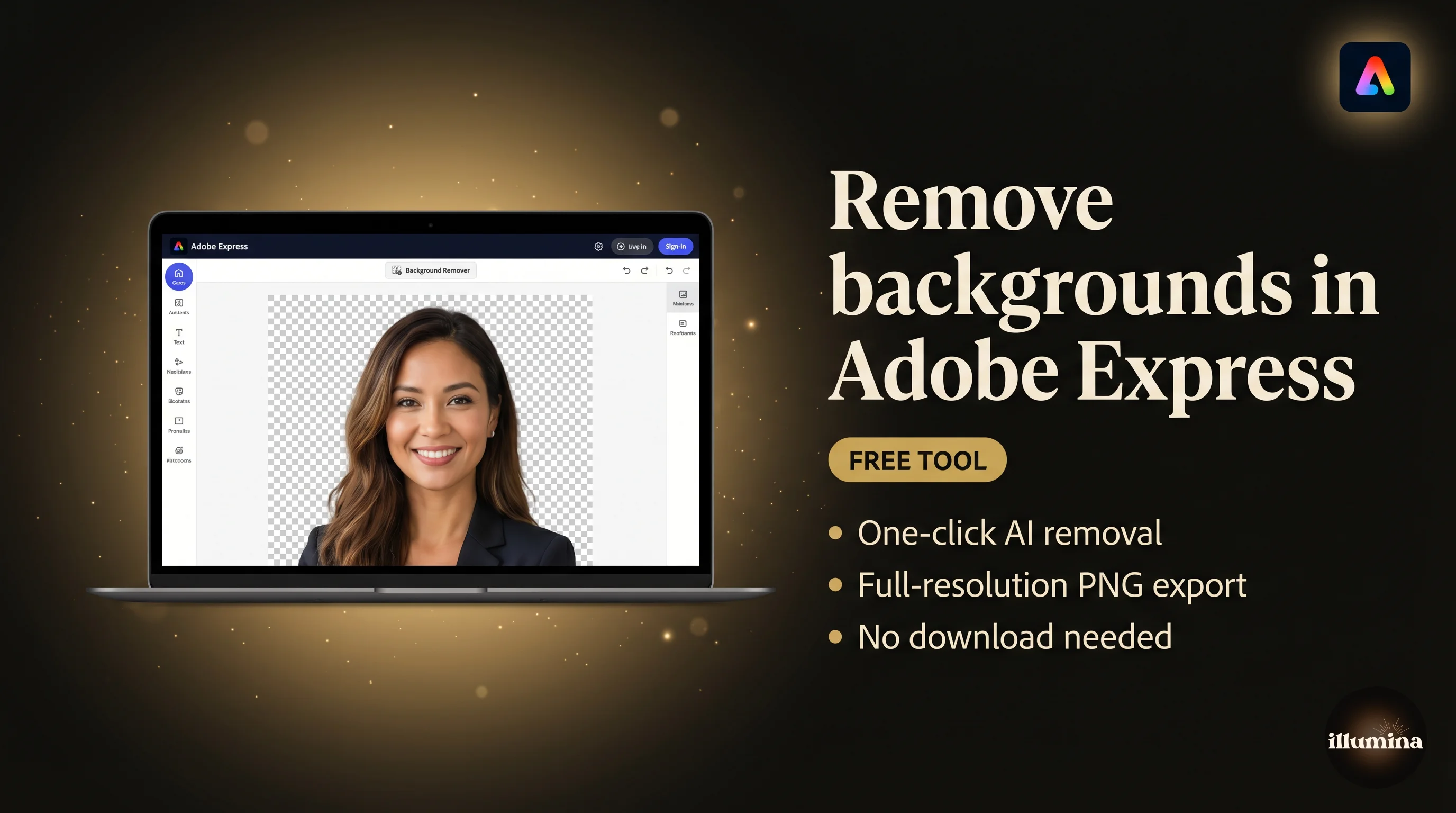 Adobe Express web interface on a laptop showing a portrait being edited with the background removed and a transparent checkerboard visible where the background was