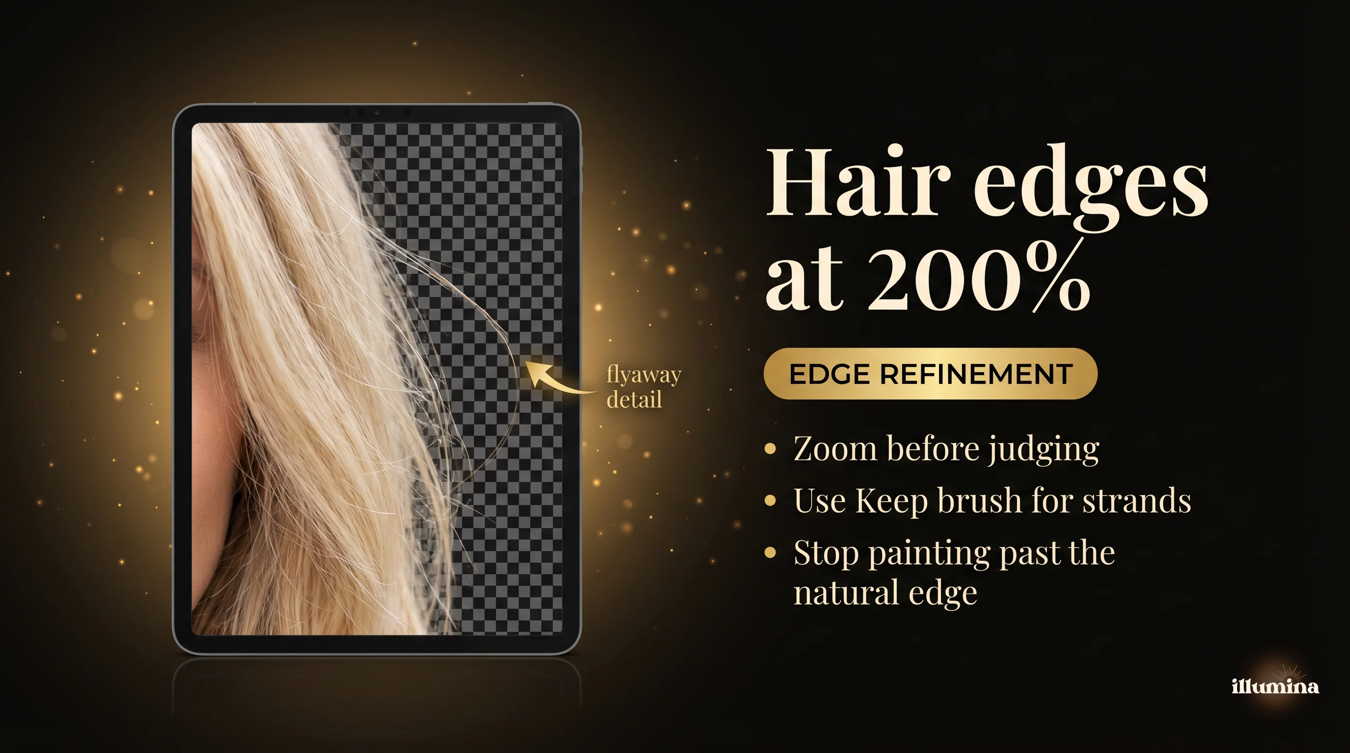 A 200 percent zoom on hair edges after Adobe Express background removal showing slight feathering on flyaway strands