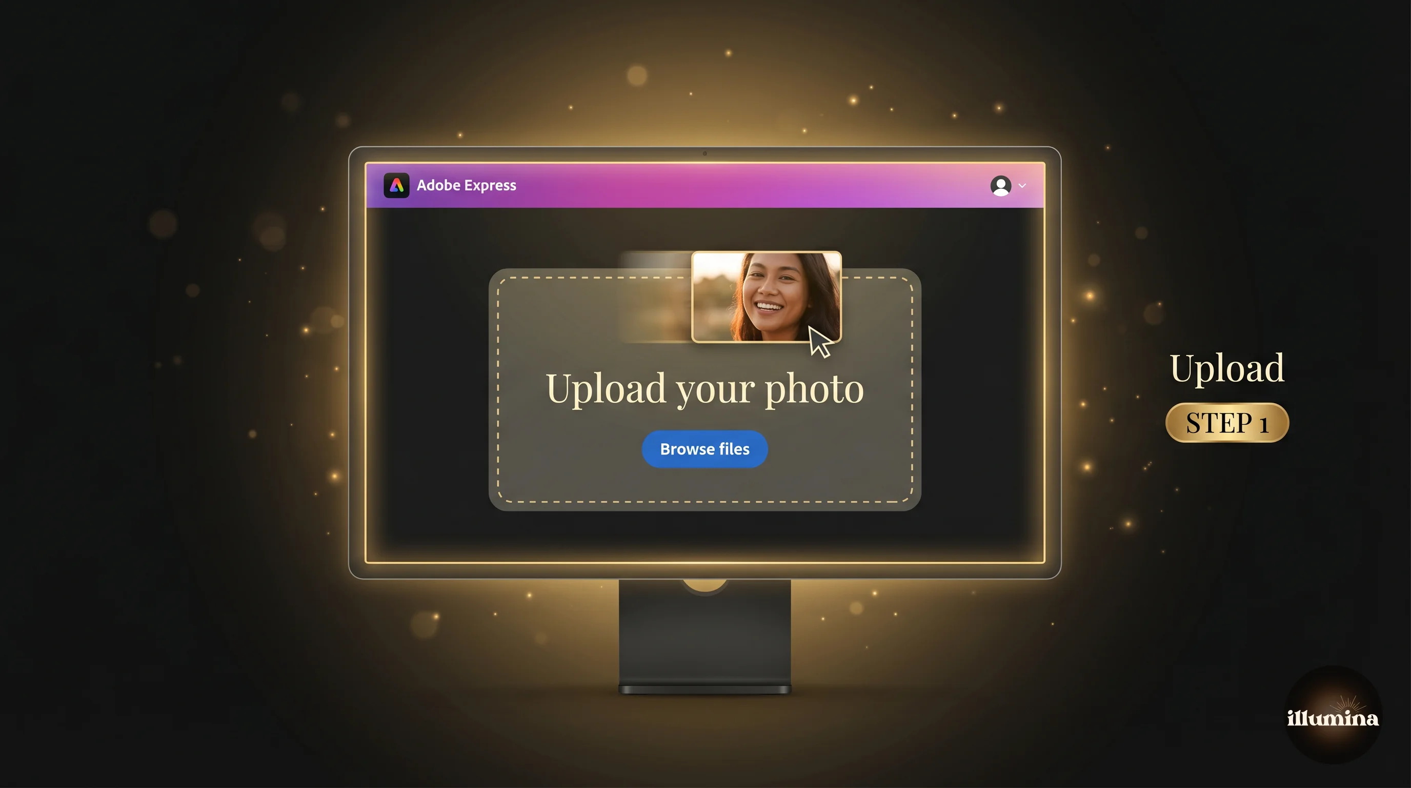 Adobe Express upload interface with a drag-and-drop zone and a portrait ready to be processed