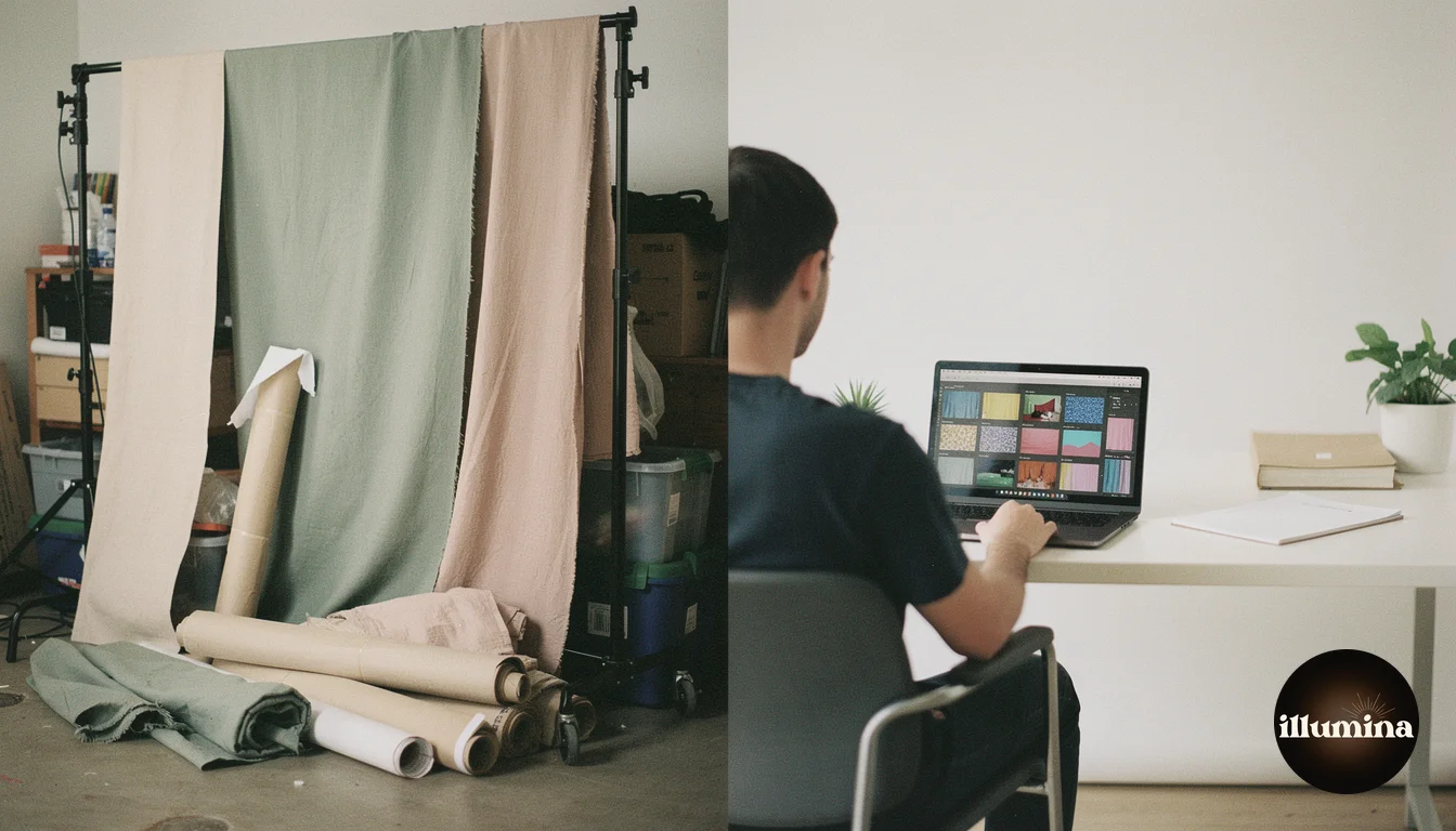 Split view of a photography studio comparing physical backdrop rack with digital backdrop workflow on laptop