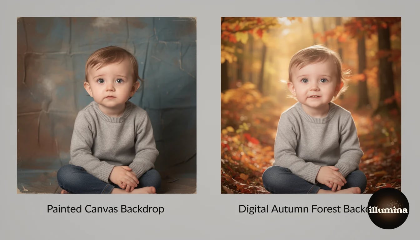 Side by side comparison of portraits on physical painted backdrop versus photorealistic digital forest backdrop