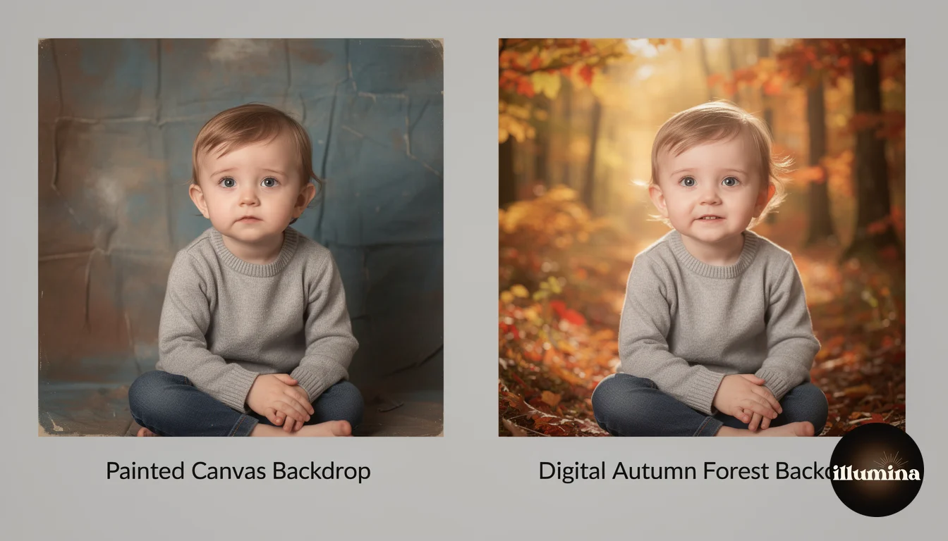 Side by side comparison of portraits on physical painted backdrop versus photorealistic digital forest backdrop