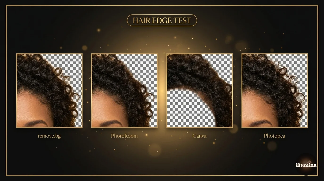 Close-up comparison of hair edge quality across remove.bg, PhotoRoom, Canva, and Photopea background removal tools