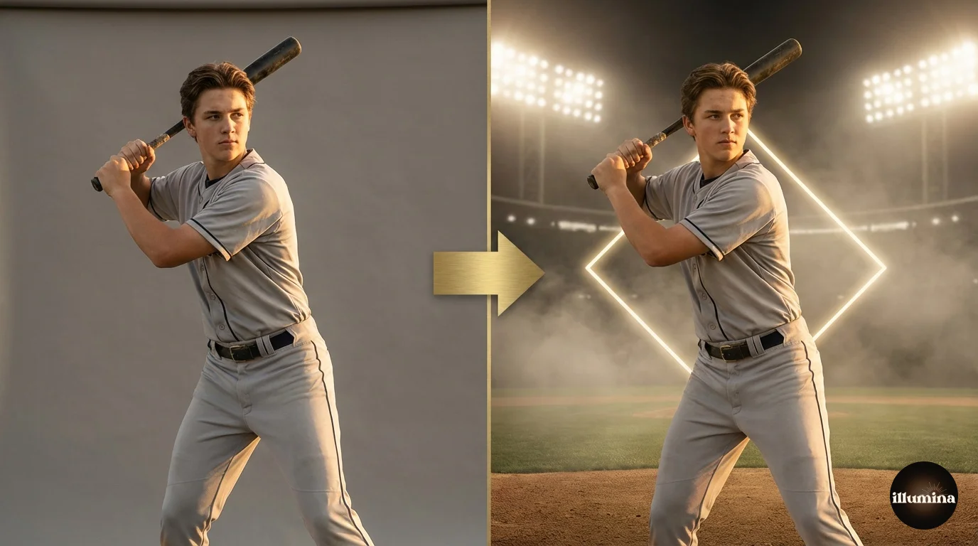 Before and after of a baseball player portrait composited onto a dramatic stadium digital backdrop