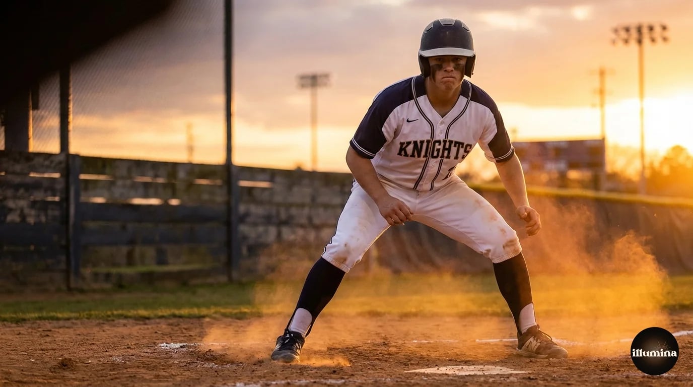 Young baseball player in batting stance at golden hour on a baseball diamond
