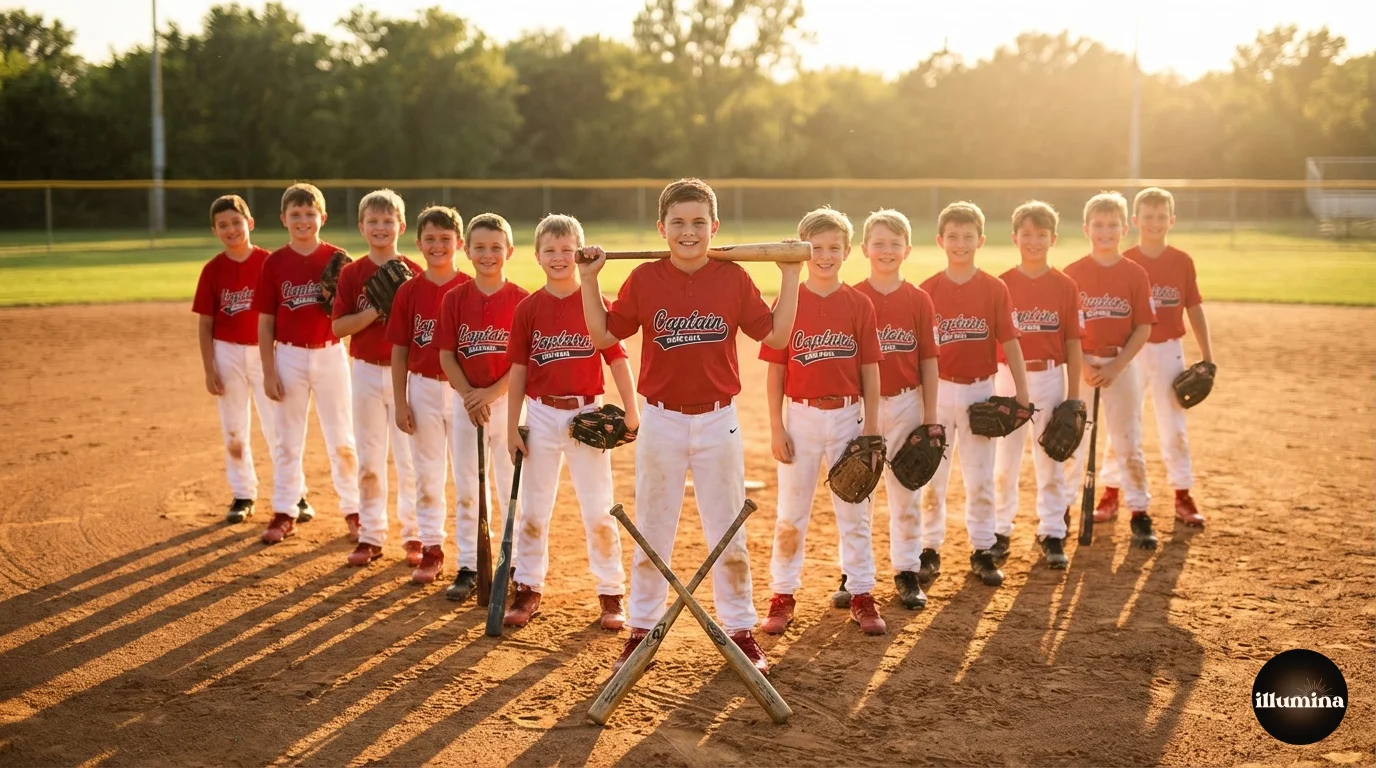 Youth baseball team posed together on a diamond at golden hour with bats crossed in front