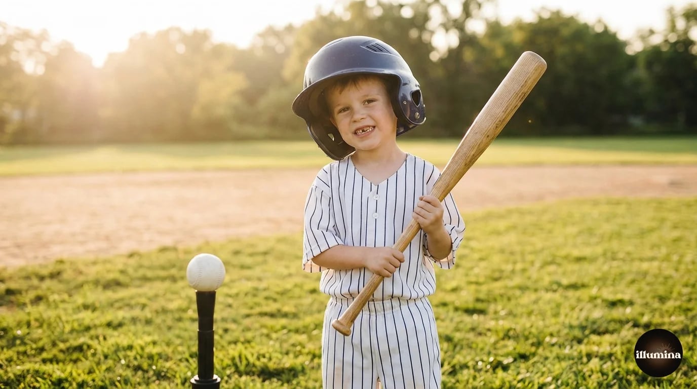 Young tee ball player in oversized helmet grinning while holding a bat