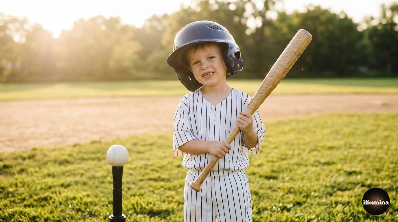 Young tee ball player in oversized helmet grinning while holding a bat