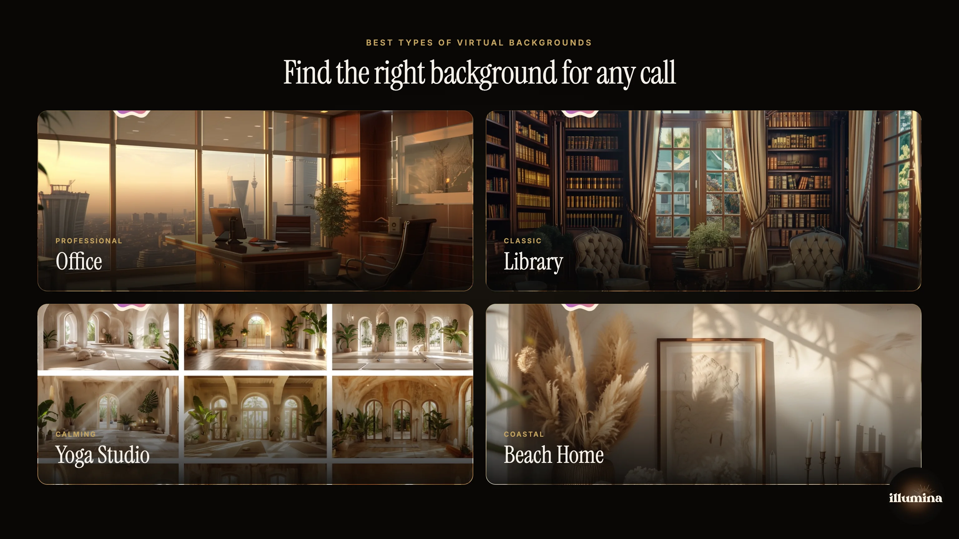 Best types of professional virtual backgrounds: office, library, yoga studio, and coastal home