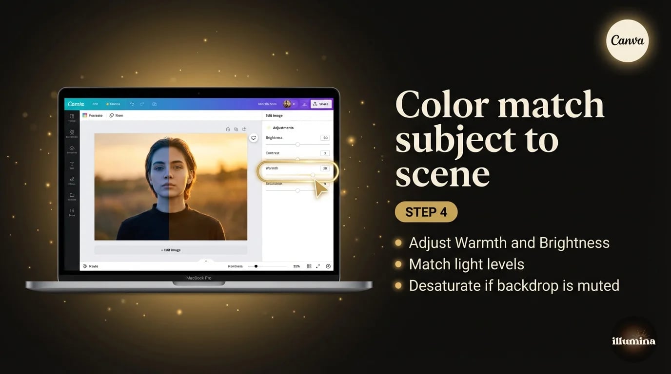 Canva image adjustment panel showing color temperature and brightness being matched between a portrait cutout and its new backdrop