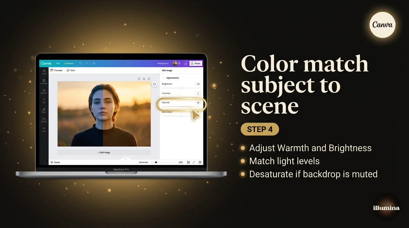 Canva image adjustment panel showing color temperature and brightness being matched between a portrait cutout and its new backdrop