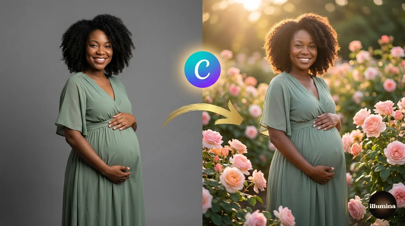 Photographer creating a composite photo in Canva by layering a portrait cutout onto a new digital backdrop