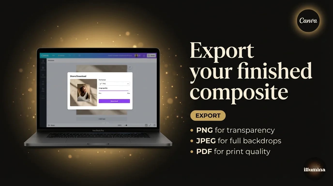 Canva export dialog showing a finished composite photo being saved as a high quality PNG