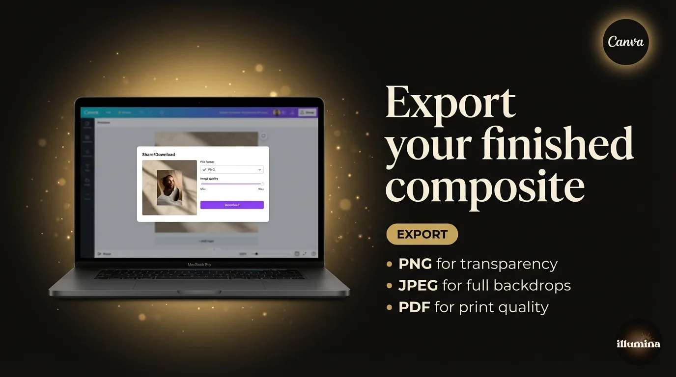 Canva export dialog showing a finished composite photo being saved as a high quality PNG