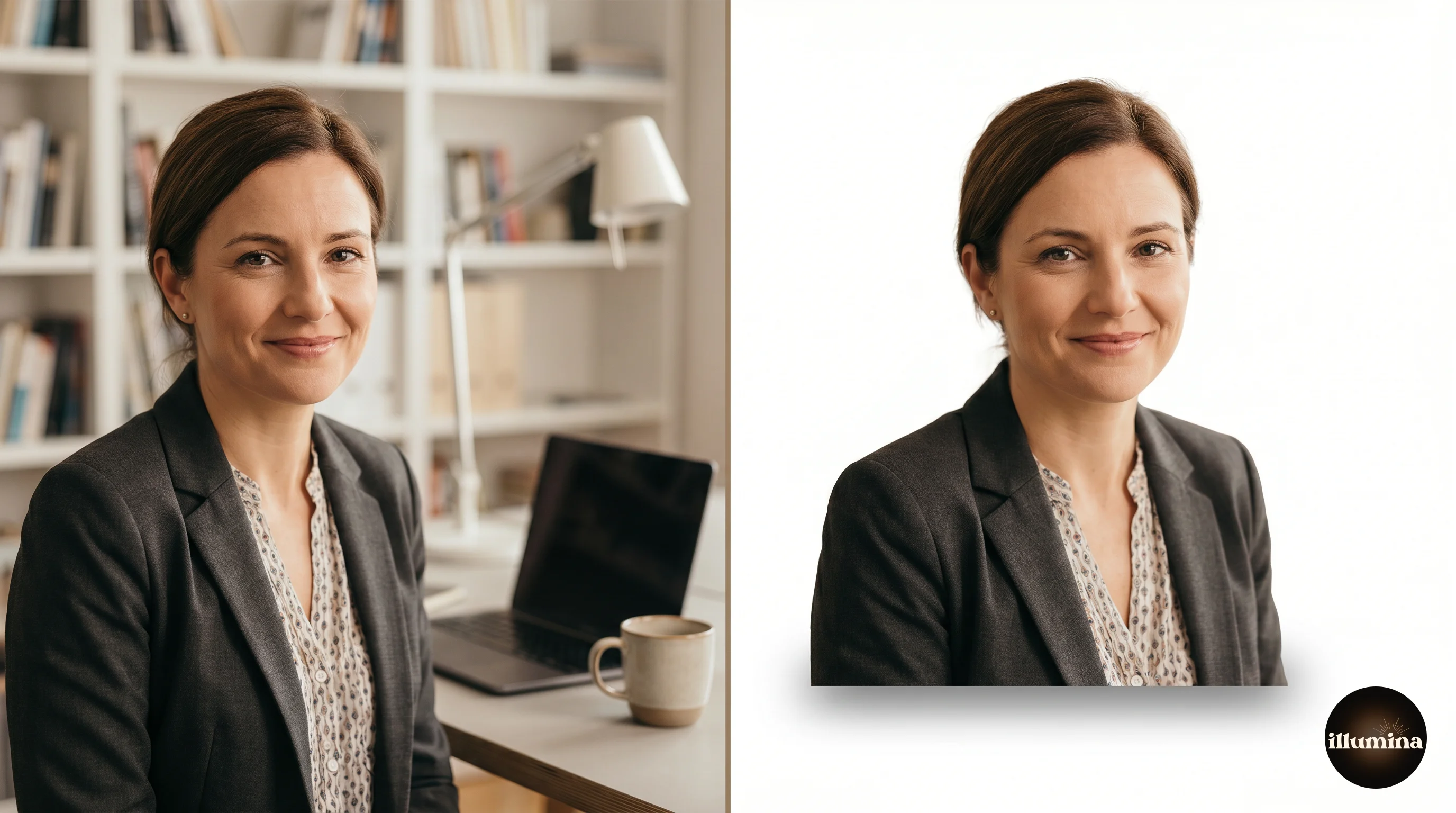 A headshot portrait before and after: busy office background on the left, clean white background on the right