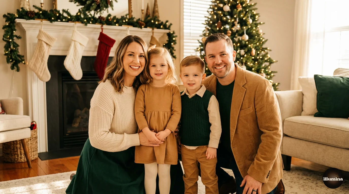 Family wearing a coordinated cream camel and forest green outfit palette for Christmas photos