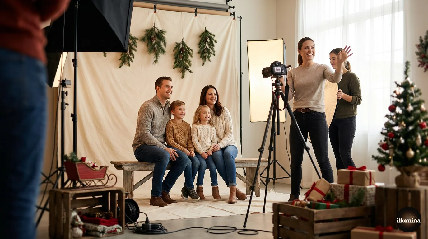 Christmas mini session photography with a family in a professional studio