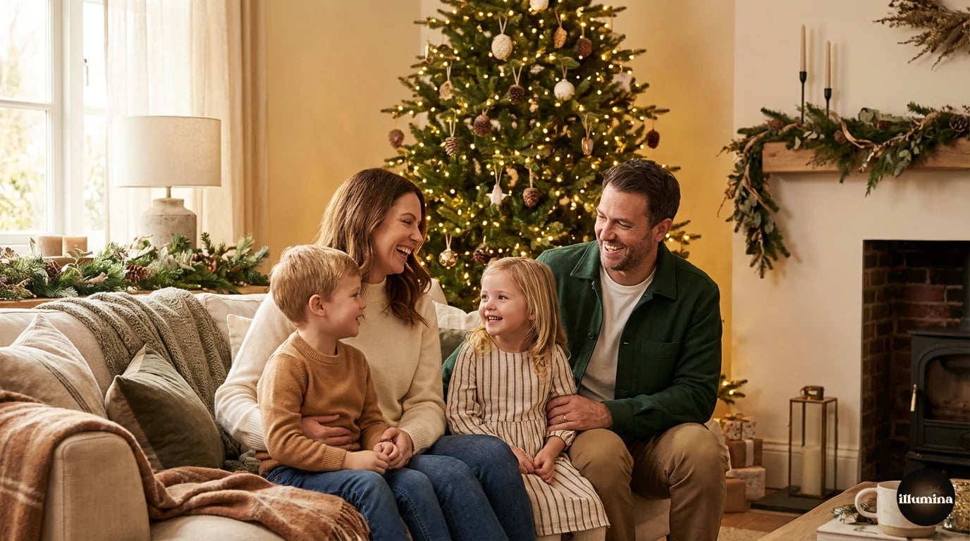 Family Christmas photoshoot in a cozy living room with coordinated neutral outfits and warm tree lights