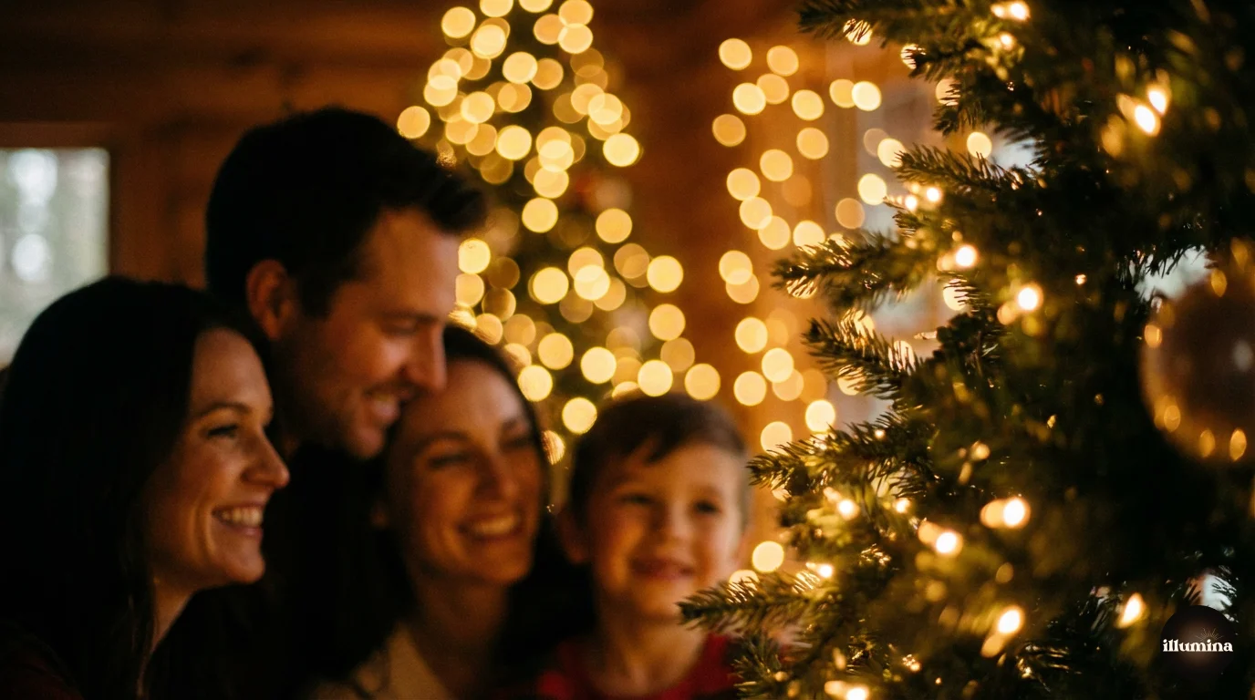 Warm Christmas tree lights properly exposed with family silhouette in background